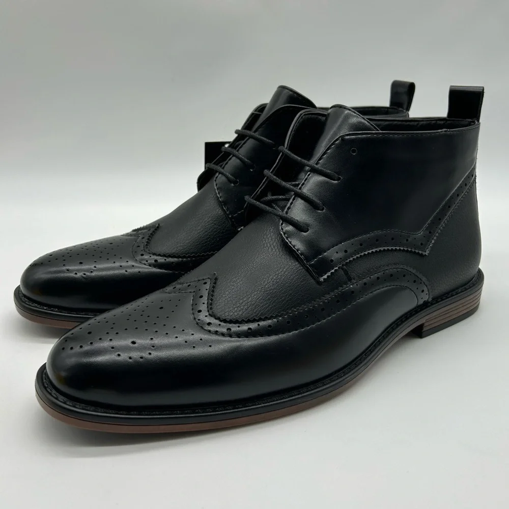 Men’s Black Dress Boots Wingtip Oxford Ankle Boots, Classic Lace-Up, Size 8 NWT
